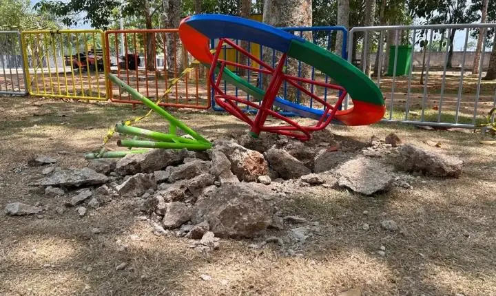 Brinquedos danificados e pichações aparecem no Parque Circuito em menos de uma semana após revitalização